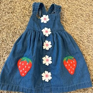 Baby Boden denim jumper dress flowers strawberries 3-6 months